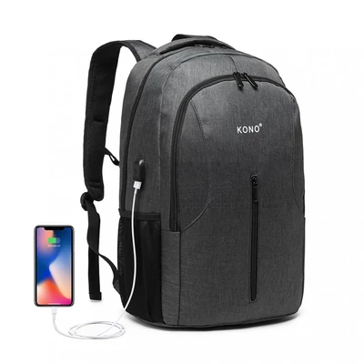 KONO nagy kapacitású hátizsák USB csatlakozóval- szürke