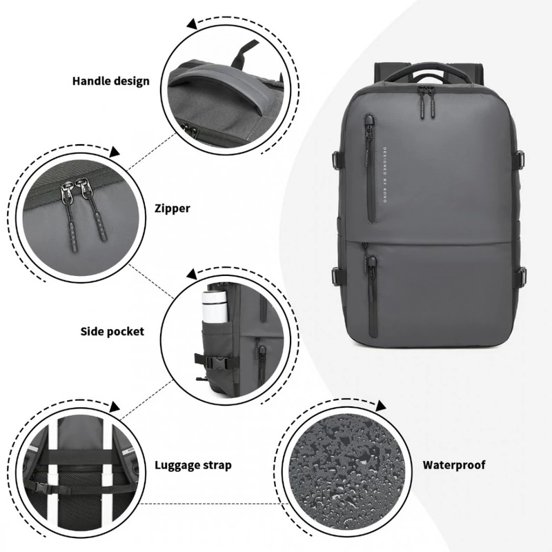 KONO kabinméretű utazó hátizsák USB-C töltőporttal - szürke-06