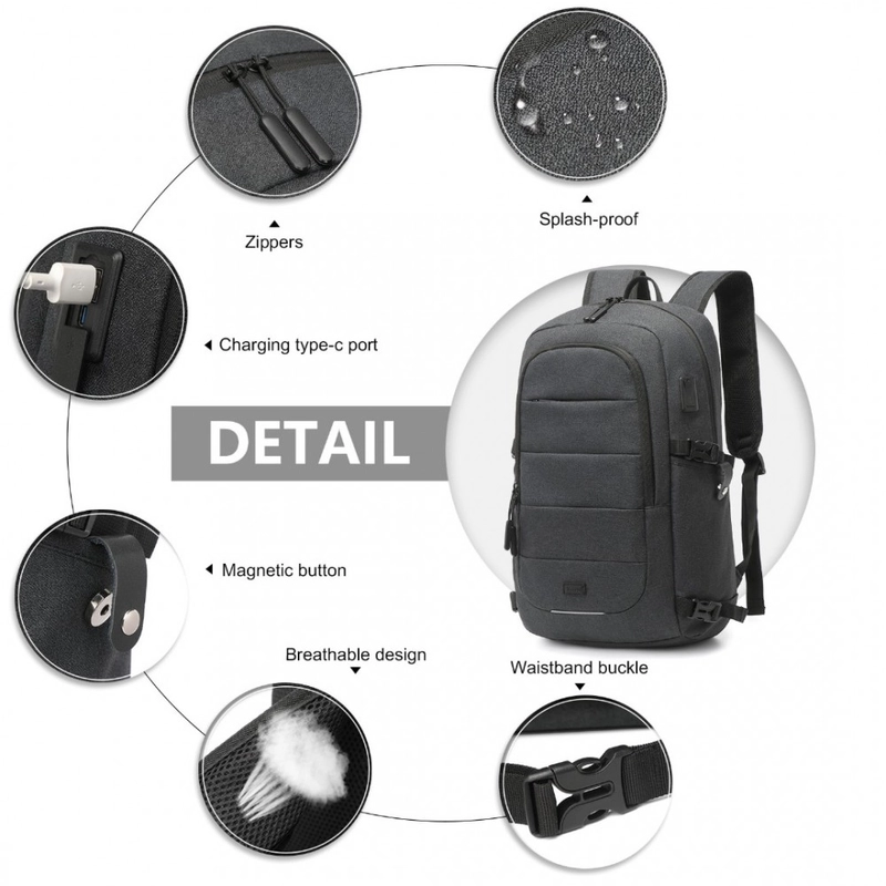 Kono többrekeszes vízálló hátizsák USB töltőporttal - fekete-05