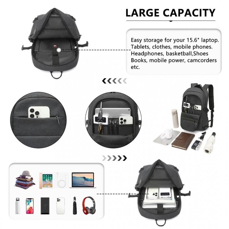 Kono többrekeszes vízálló hátizsák USB töltőporttal - fekete-09