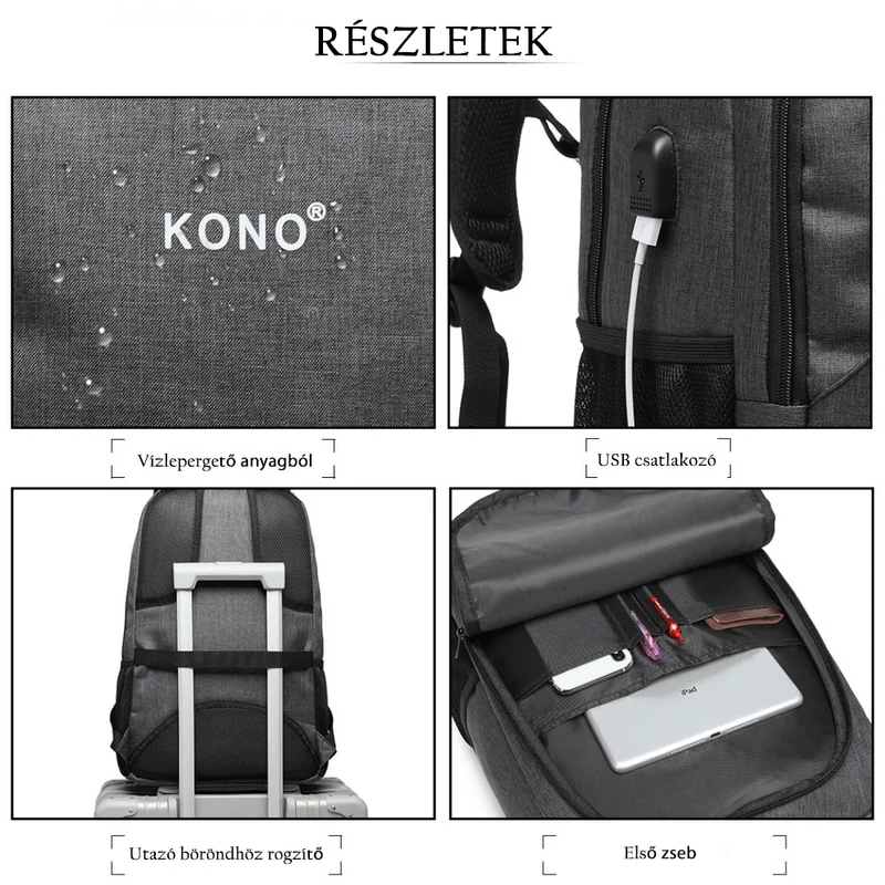 KONO nagy kapacitású hátizsák USB csatlakozóval- szürke