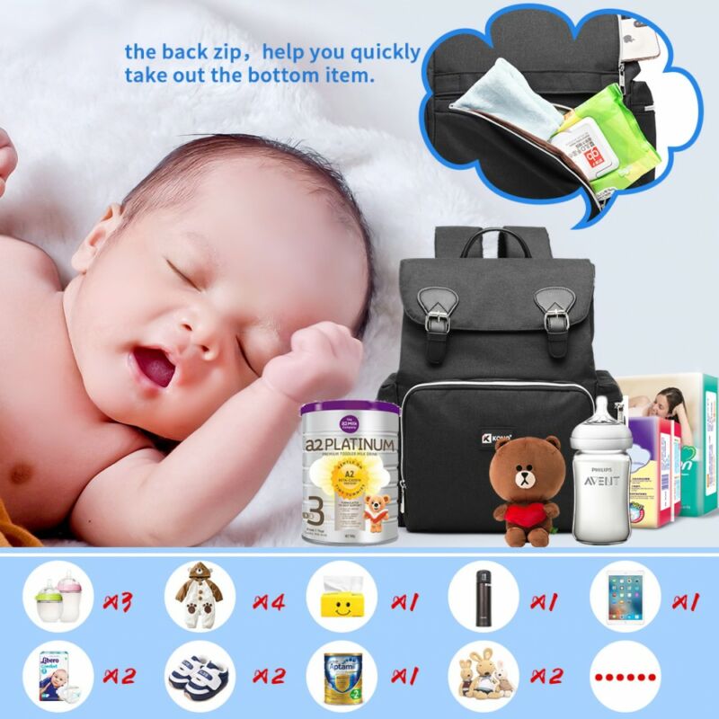KONO utazó baba-mama hátizsák USB  - fekete